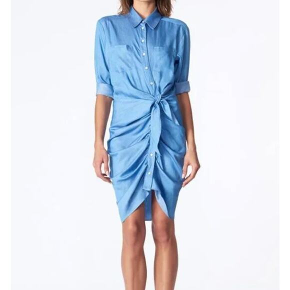 Veronica Beard Women's Dress Sierra Chambray Ruched Mini Tie Snap Front Blue - Picture 1 of 9